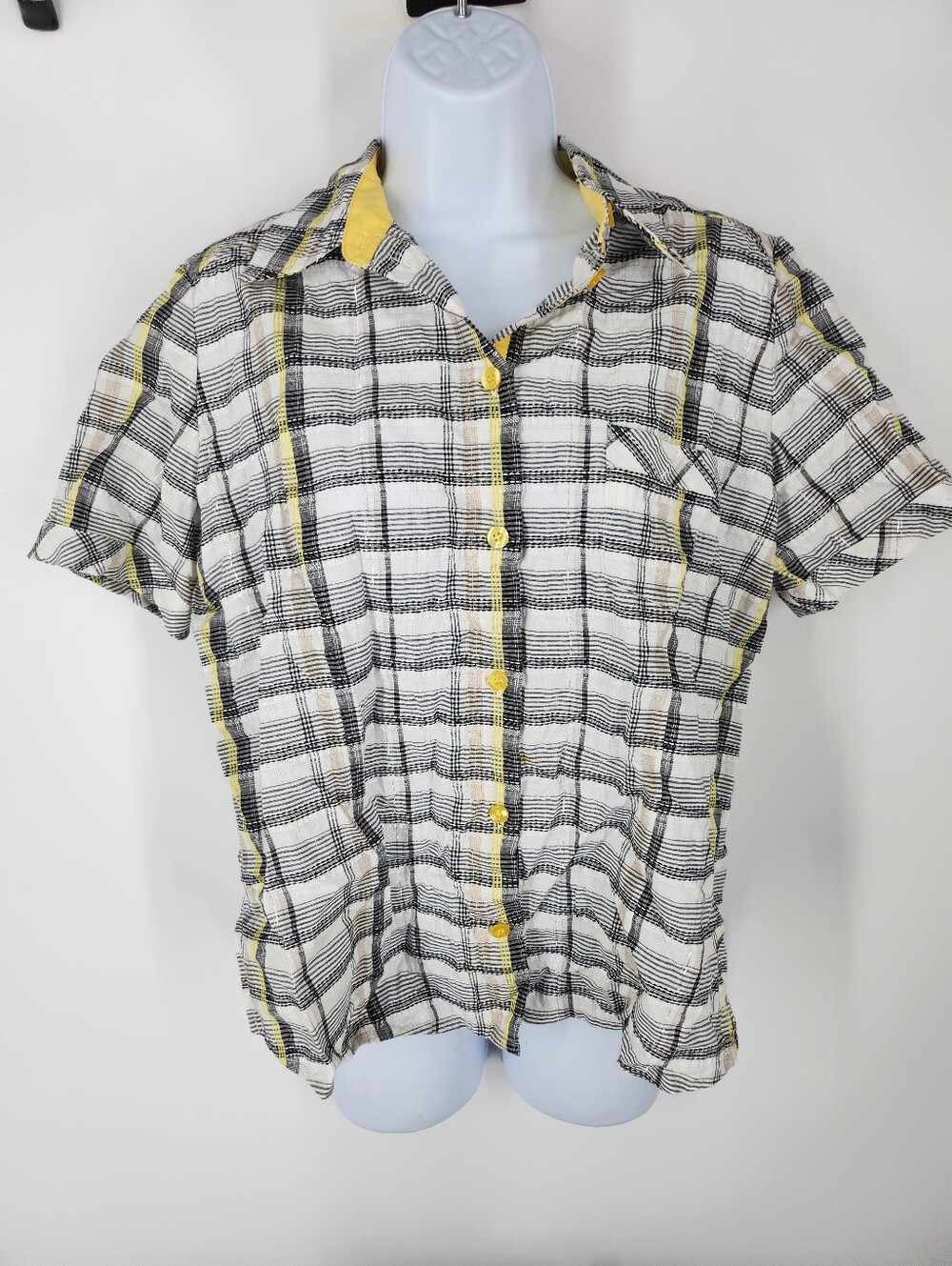 TanJay Vintage Plaid Crinkle Blouse 10 Yellow White Black Seersucker Button Up